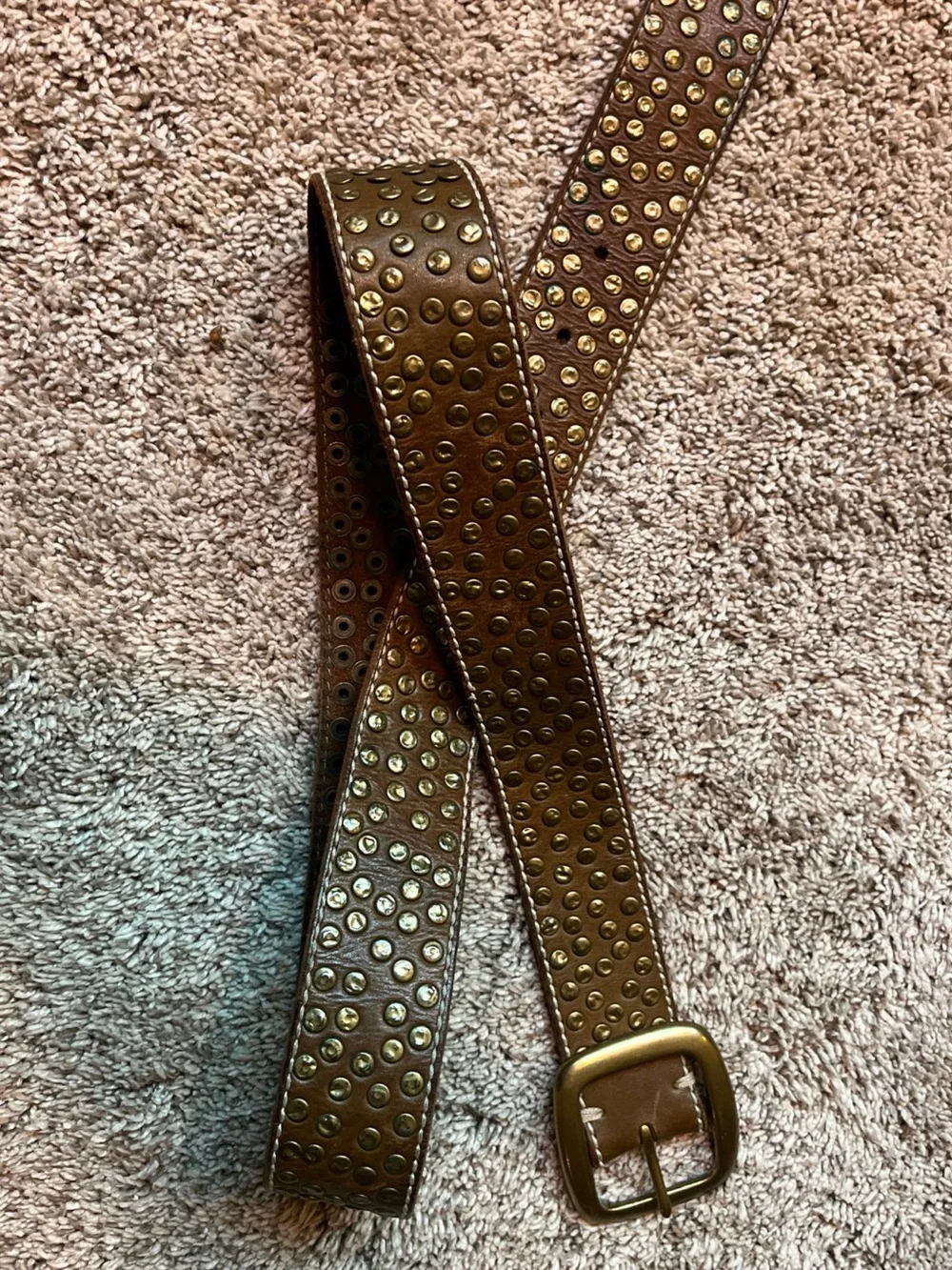 Studded Brown Leather Belt with Solid Brass Buckle - Women Accessories